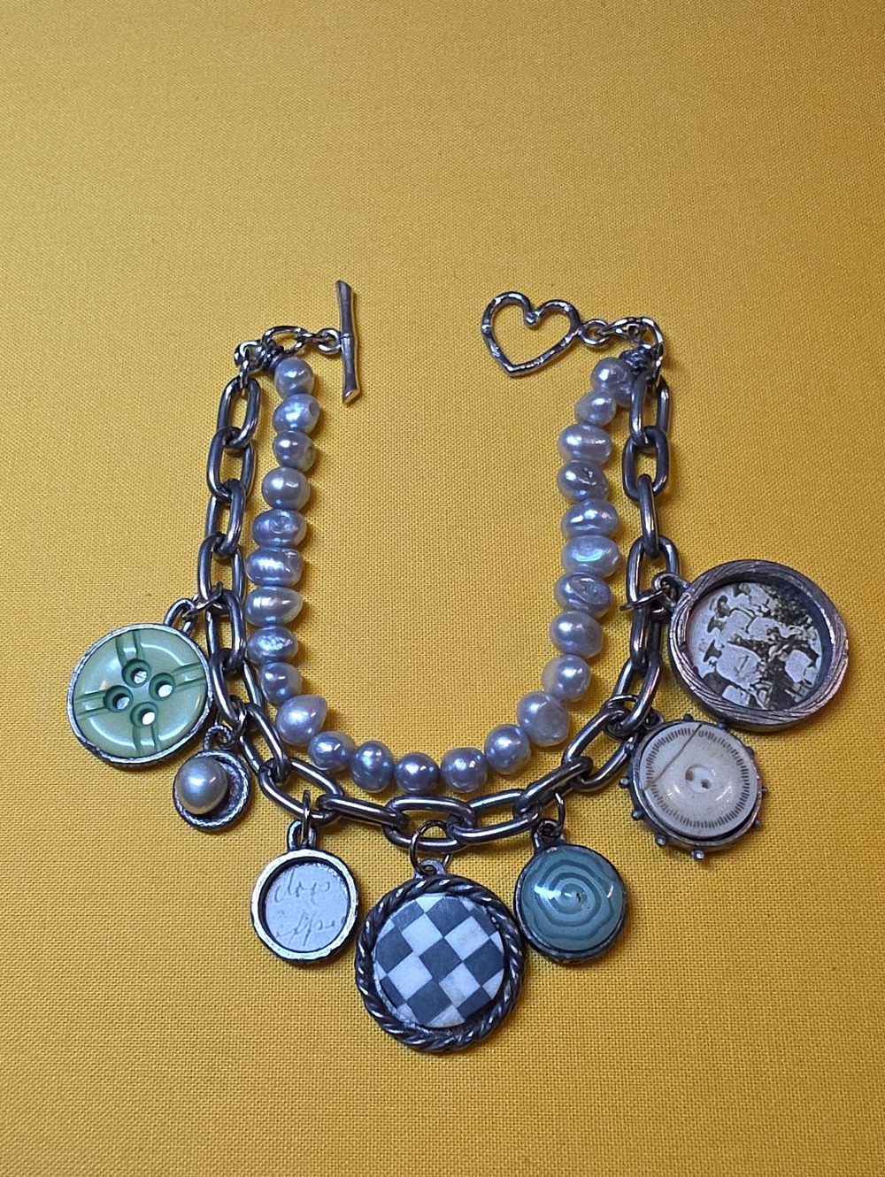 Artisan Double Strand Pearl & Chain Reversible Button Charm Bracelet ▪︎ 8" 54gtw